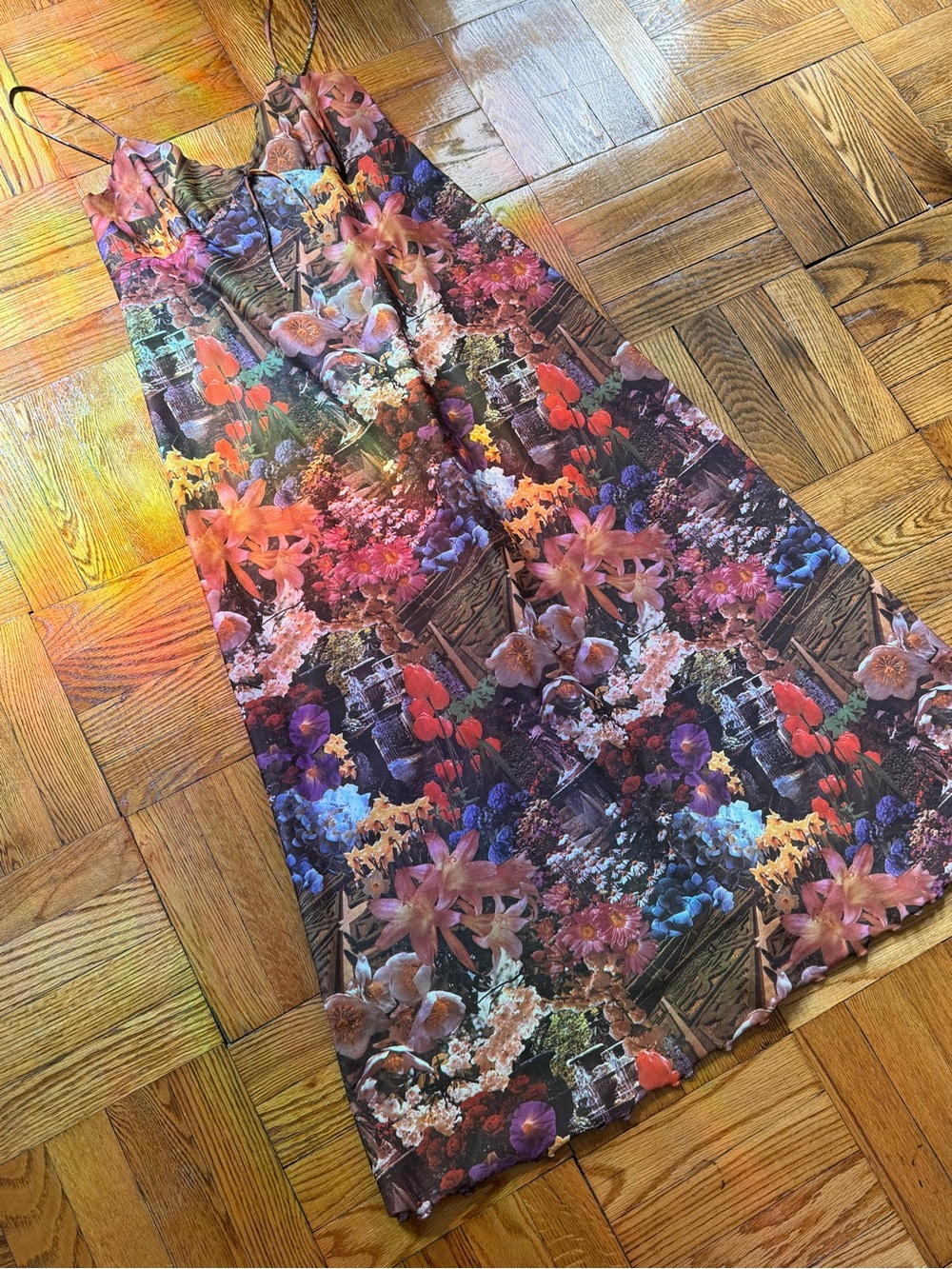 Vintage 70s Photo Print Polyester Floral Labyrinth Maxi A Line Dress